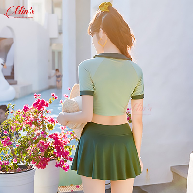 Đồ Bơi Nữ Đẹp Đi Tắm Biển Áo Croptop Cổ Bẻ Váy Có Kèm Quần 2 Màu Xanh, Hồng MIN Bikini | BigBuy360 - bigbuy360.vn