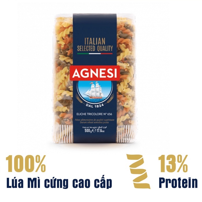 Nui xoắn 3 màu Eliche Tricolori Agnesi 500g, dùng lúa mì durum cao cấp giữ sốt, không gãy và dính