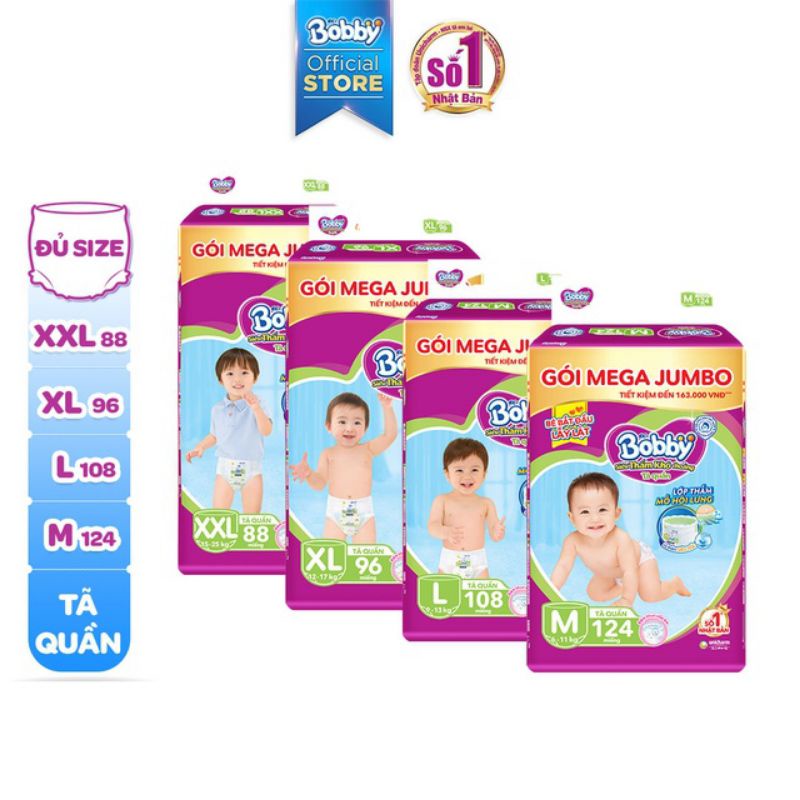 Tả quần Bobby Mega Jumbo đủ size L104, XL96, XXL88 miếng