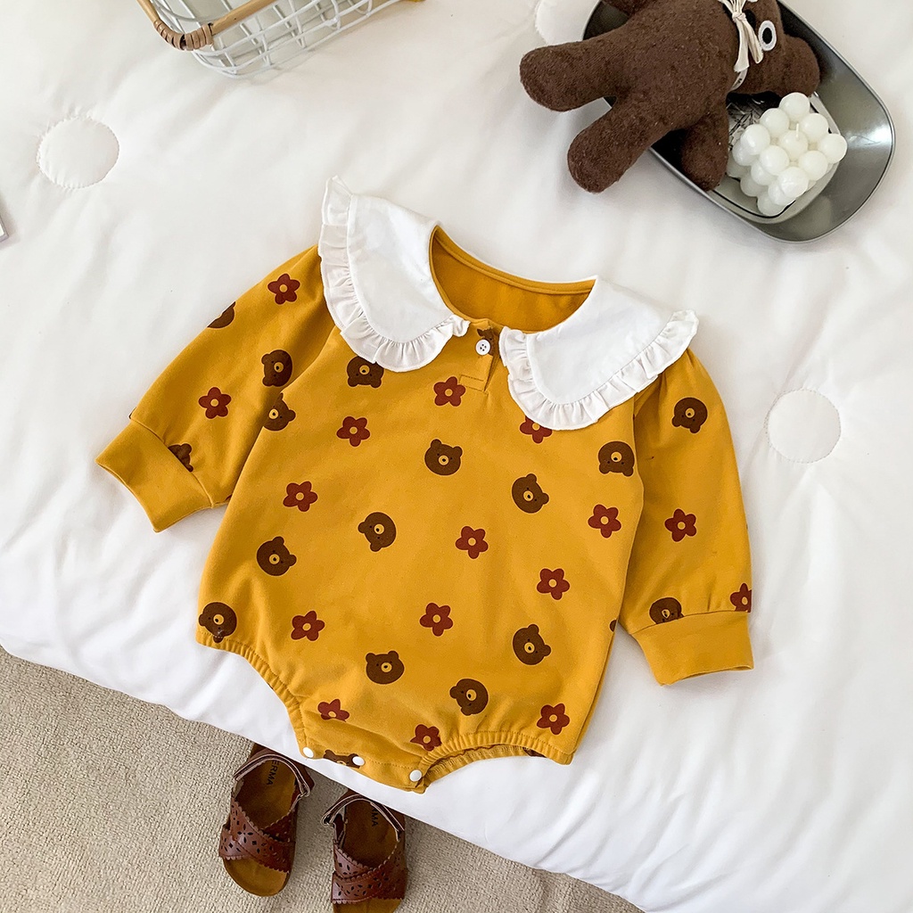 Bộ áo liền quần tay dài cổ búp bê in hoa gấu dễ thương cho bé gái