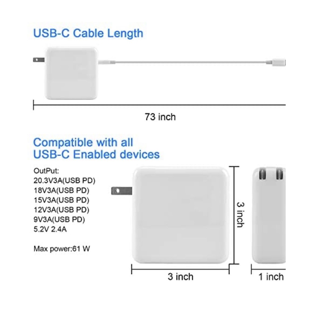 Sạc dành cho MacBook Pro 13, 15 inch, USBC New Air 13 inch 2020, 2019, 2018, 12 inch, Type C