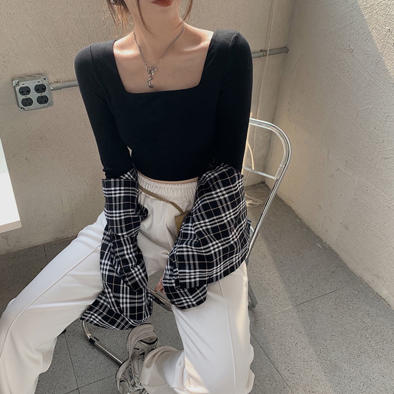 Áo Thun Tay Dài Cổ Vuông Dáng Ôm Màu Trơn Phong Cách Ngọt Ngào Thời Trang Mới Cho Nữ