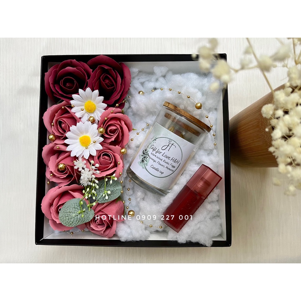 HỘP HOA QUÀ TẶNG HOA HỒNG SÁP THƠM CÓ NGĂN ĐỰNG MỸ PHẨM HOA HỒNG MÀU ĐỎ