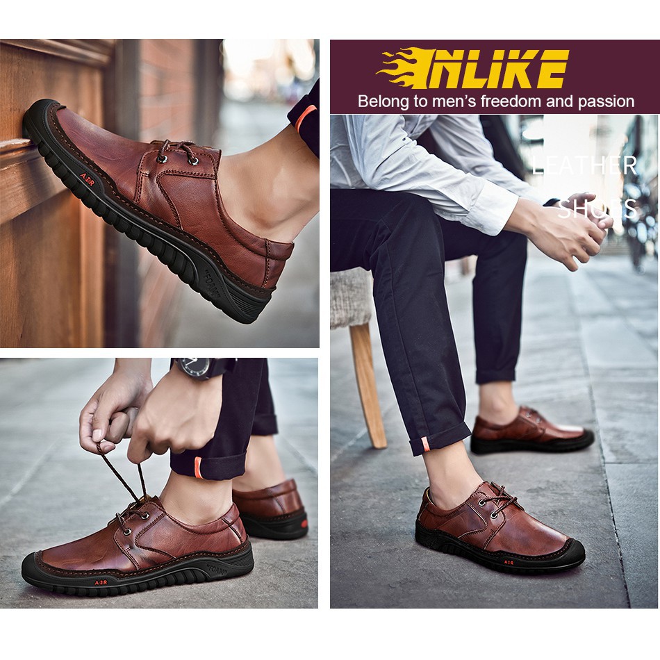 Inlike Genuine Leather Shoes Men Luxury Brand Mens Lace Up Casual Driving Shoes