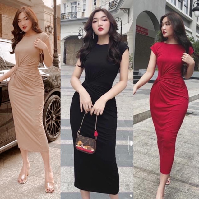 Đầm dáng ôm thun xoắn eo