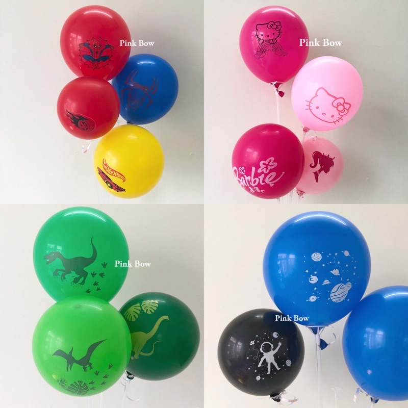Bong bóng Tròn trang trí in hình Hello Kitty/ Barbie/ Spiderman/ Xe/ Phi hành gia/ Khủng long các nhân vật hoạt hình
