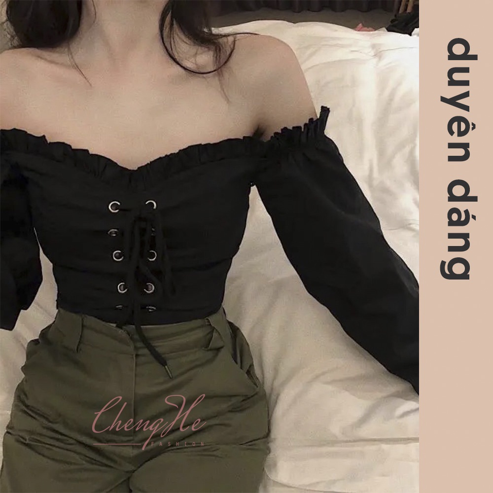 Áo croptop dáng ngắn hở eo buộc dây cách điệu hở vai dài tay A00157