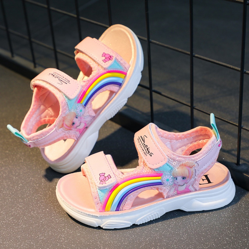 Giày quai dán chất dù chống nước cho bé trai bé gái hai màu tím trắng quai dán sọc bảy sắc cầu vòng siêu mềm