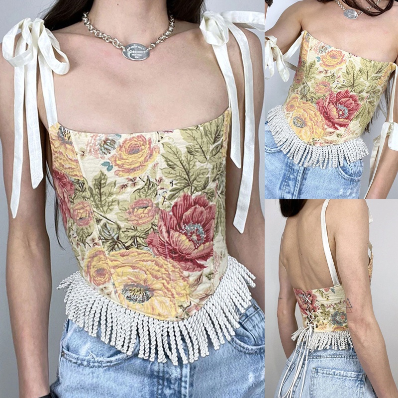 Áo Nịt Ngực Corset Không Tay In Họa Tiết Hoa Phong Cách Vintage Đường Phố Cho Nữ