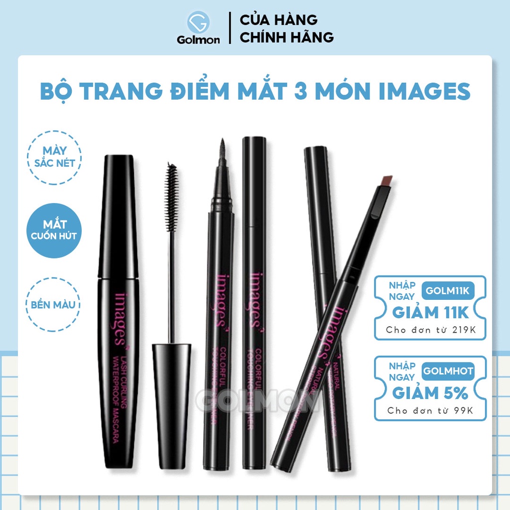 Bộ trang điểm mắt Images 3 món tiện lợi chì kẻ mắt kẻ mày mascara cong mi makeup cơ bản mắt Golmon