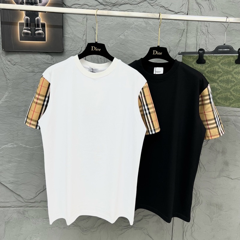Áo phông nam nữ BBR cotton 100% cổ tròn phối ống tay kẻ sọc vàng nâu hai màu đen/ trắng đơn giản đẹp