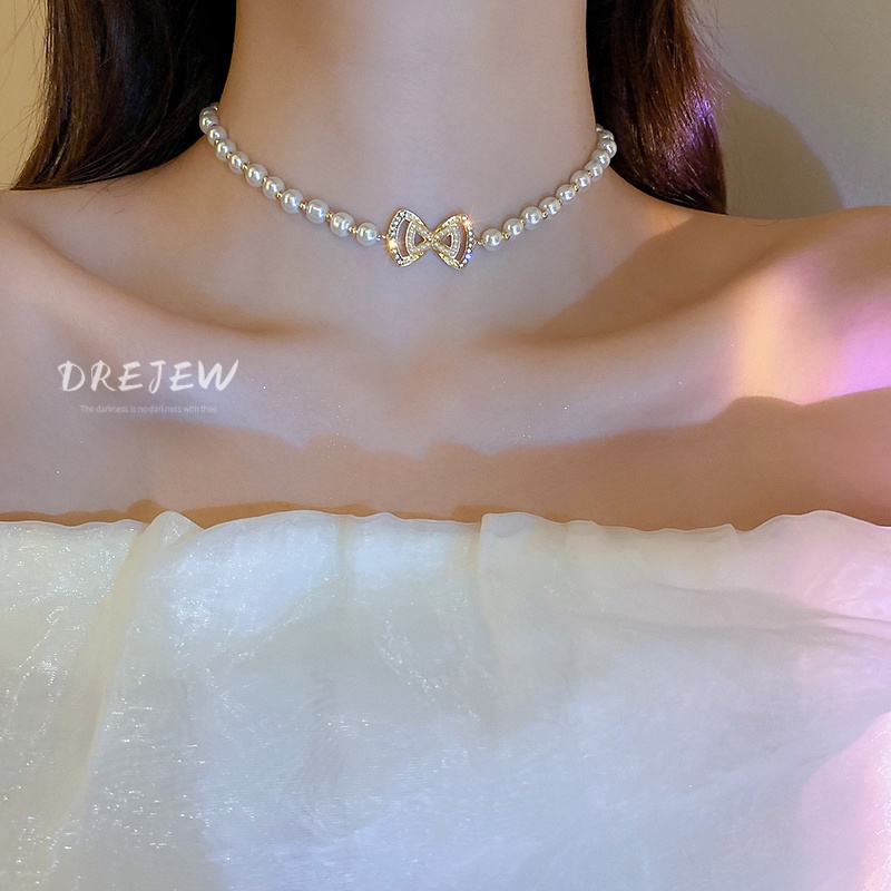 DREJEW Vòng Cổ Chuỗi Hạt Ngọc Trai Thắt Nơ Đính Kim Cương Phong Cách Hàn Quốc Thời Trang Chất Lượng Cao Mới Cho Nữ