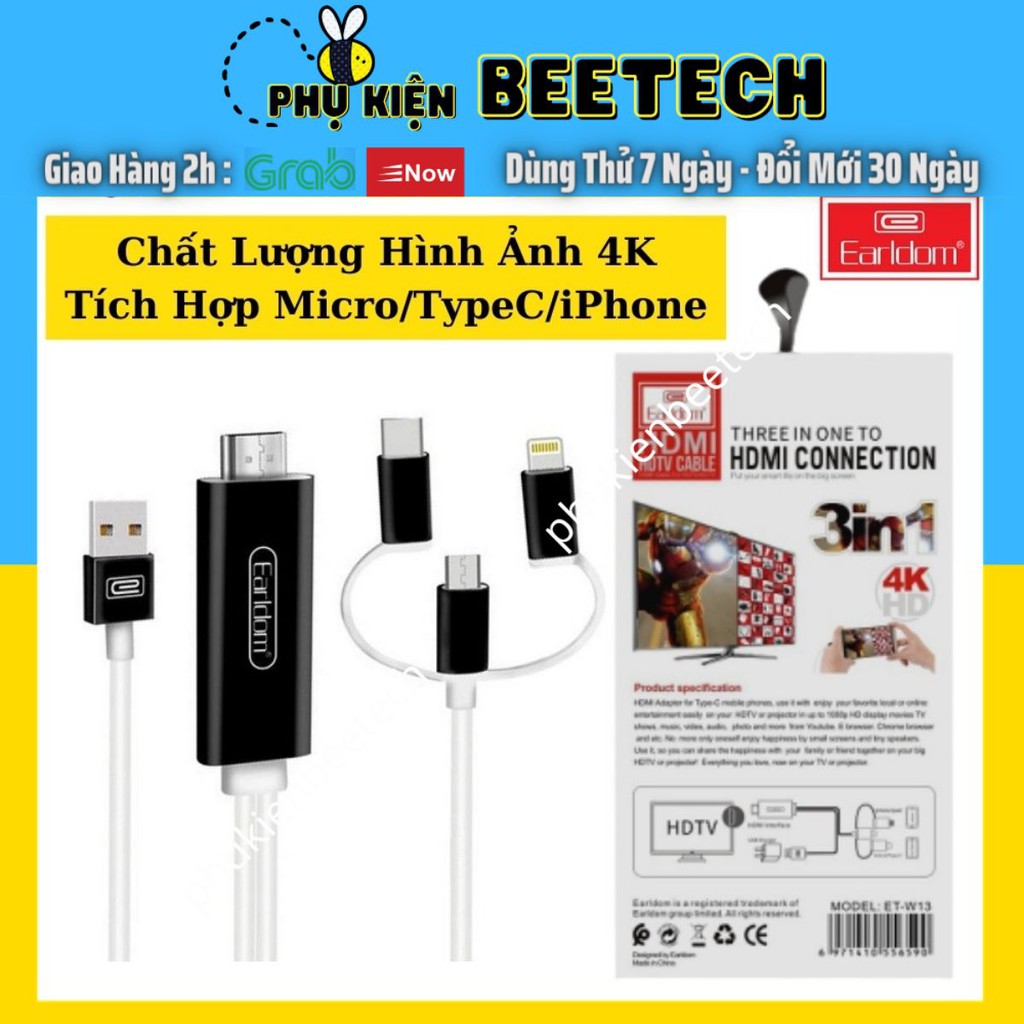 Cáp chuyển HDMI Earldom W13 cho điện thoại xuất hình ảnh video ra màn hình, máy chiếu ... Chất lượng 4K - Beetech vn