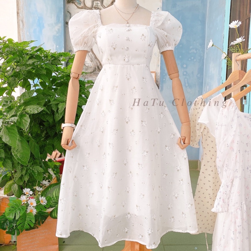 Pearl Dress - Đầm Midi Trắng Hoa Nhí Dáng Xoè Cổ Vuông Tay Phồng