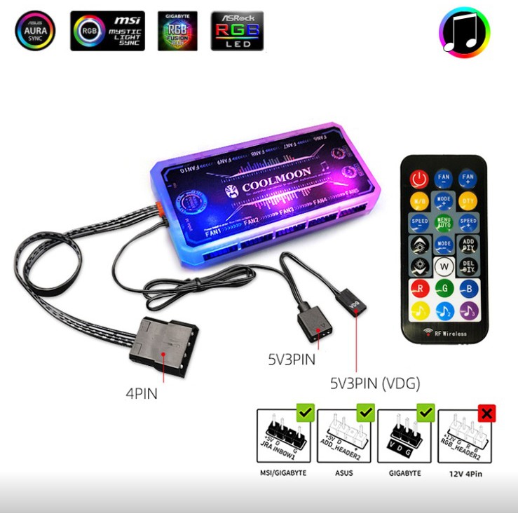 Bộ Hub RGB Coolmoon Hỗ Trợ Sync Main - Thay Đổi Hiệu Ứng Theo Nhạc 4.5 ( Hub Sync Có Led RGB + Remote )
