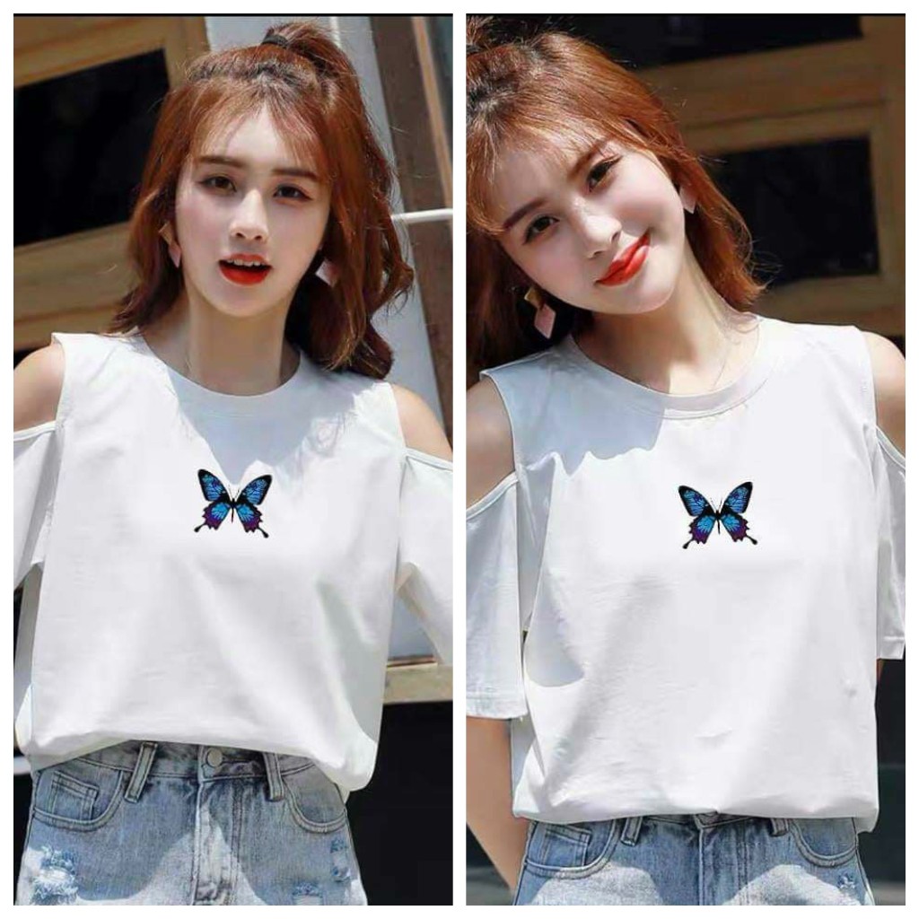 Áo croptop tay ngắn thêu bướm VIETCEN áo croptop kiểu hở vai chất thun mềm mát