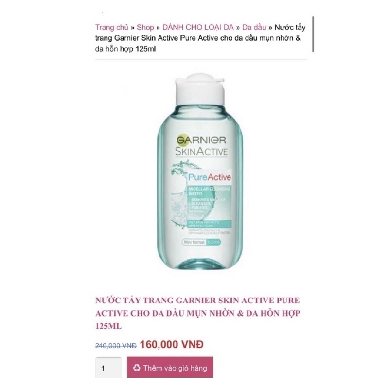 Nước tẩy trang mặt, mắt, môi Garnier Pure Active Micellar Cleansing Water 125ml (Mỹ)