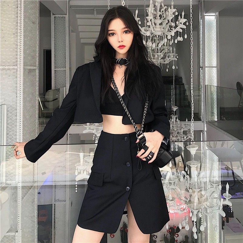 Set áo khoác đen ngoài croptop tay dài + váy ngắn đen cá tính ulzzang ( có bán riêng )