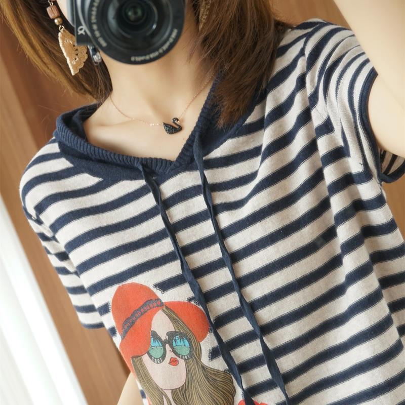 Áo hoodie tay ngắn dáng rộng họa tiết kẻ sọc thời trang mùa hè cho nữ 2021