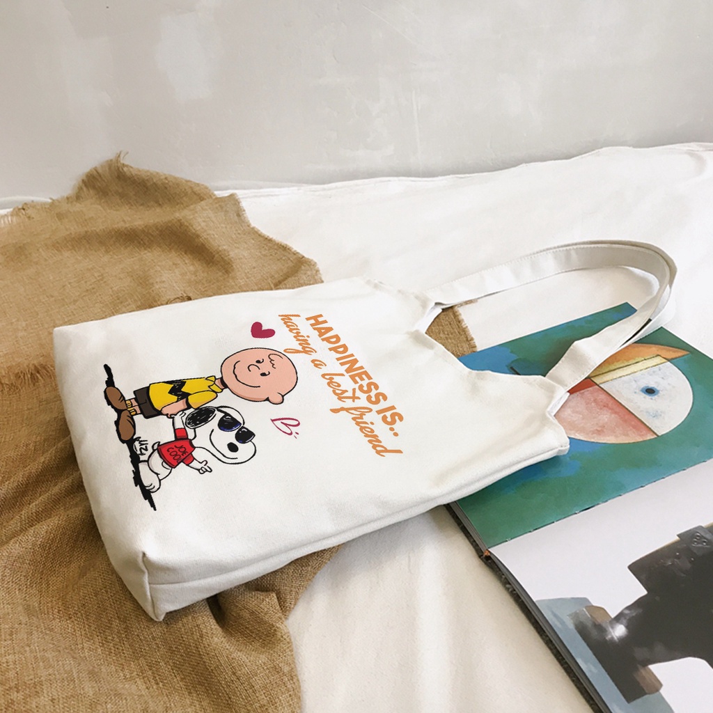 Túi vải Snoopy đẹp để vừa A4 tote canvas quai tròn có khóa miệng túi