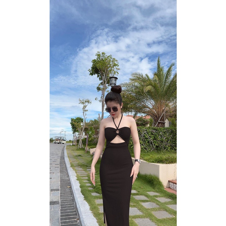 Đầm body dây buộc cổ khoen ngực có mút xẻ đùi chất thun xốp nhăn thích hợp mặc đi làm đi chơi phù hợp với mọi phong cách