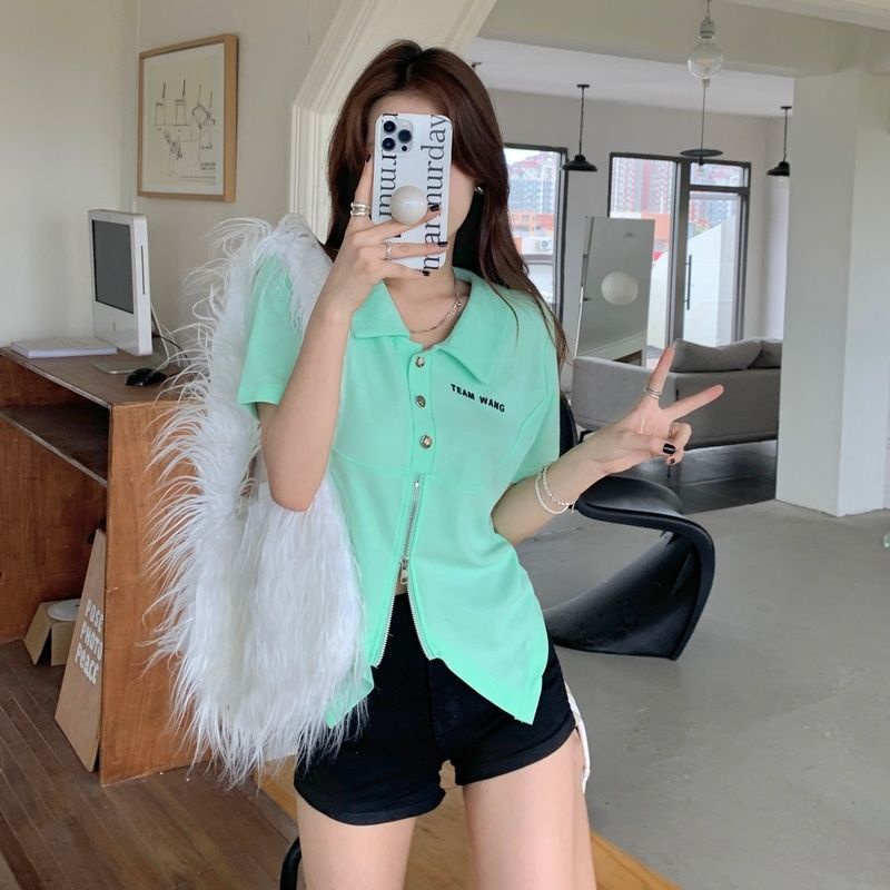 Áo Thun Tay Ngắn Thiết Kế Khóa Kéo Màu Trơn Thiết Kế Mới Thoáng Khí Cho Nữ