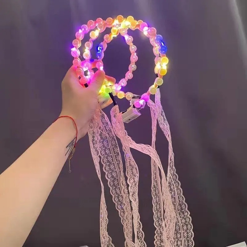 Băng đô cài tóc co giãn đính ngọc trai có đèn LED nhiều màu chống trượt phong cách Hàn Quốc cho nữ