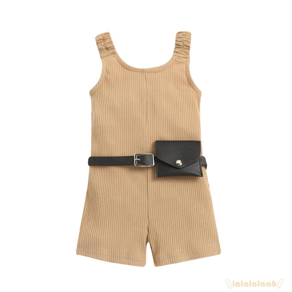 LAA6-Girl´s Jumpsuit Set, Wide Strap Sleeveless Ribbed Short Playsuit + Waist Bag