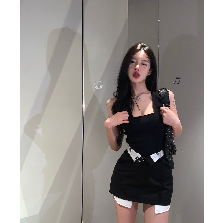 QADCOL  Bộ Áo Dệt Kim Ôm Dáng Màu Đen + Chân Váy Thiết Kế Cổ Tay Đẹp Mắt Cho Nữ