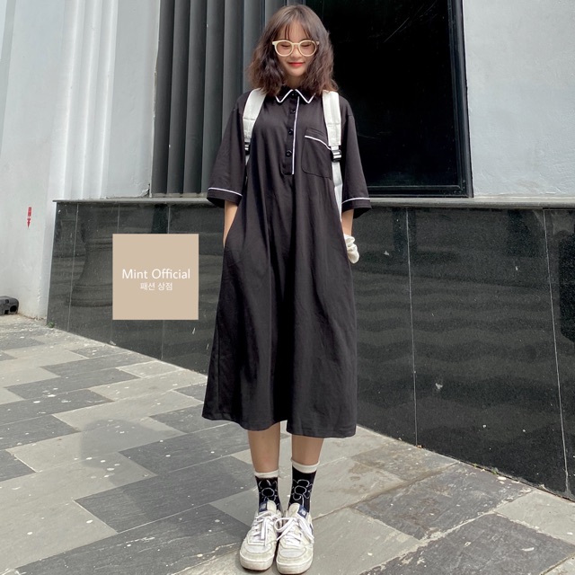 Đầm dài suông đen cổ polo madebymint
