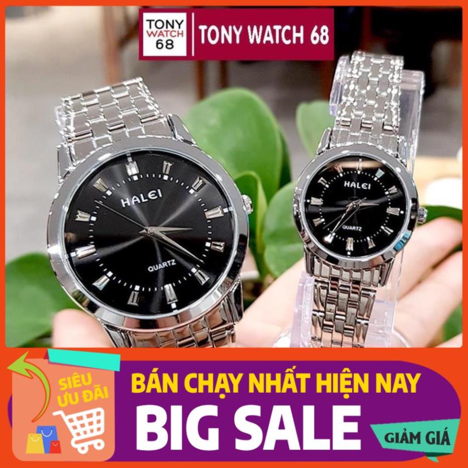 Đồng hồ cặp đôi nam nữ Halei mặt trắng dây da kim loại chính hãng Tony Watch 68