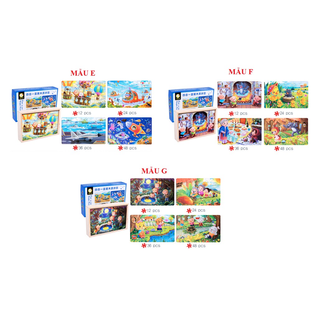 Đồ chơi ghép xếp hình 4 cấp độ  Puzzle 4 trong 1 gồm bộ 12, 24, 36, 48 miếng chi tiết trong 1 hộp gỗ cao cấp cho bé