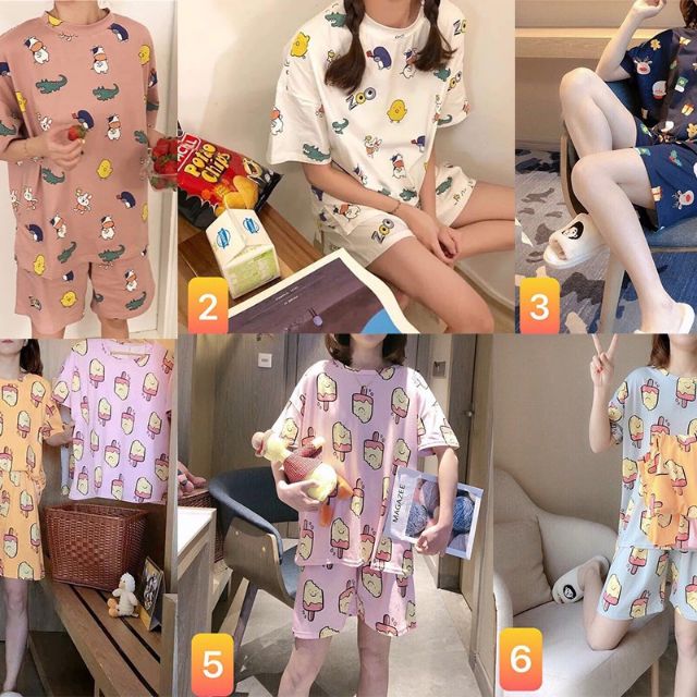 Bộ quần áo ngủ cộc tay hè chất mát hoạ tiết cute | BigBuy360 - bigbuy360.vn