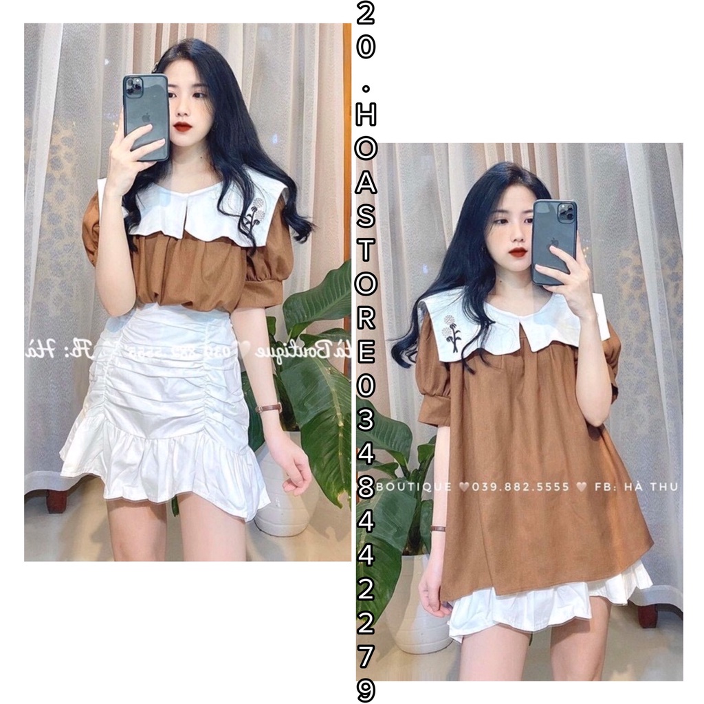 Áo Babydoll Nâu Cổ Thủy Thủ Thêu Hoa Trắng - Áo Nữ Babydoll Phối Màu Nâu Tây Cổ Bèo Trắng Vintage