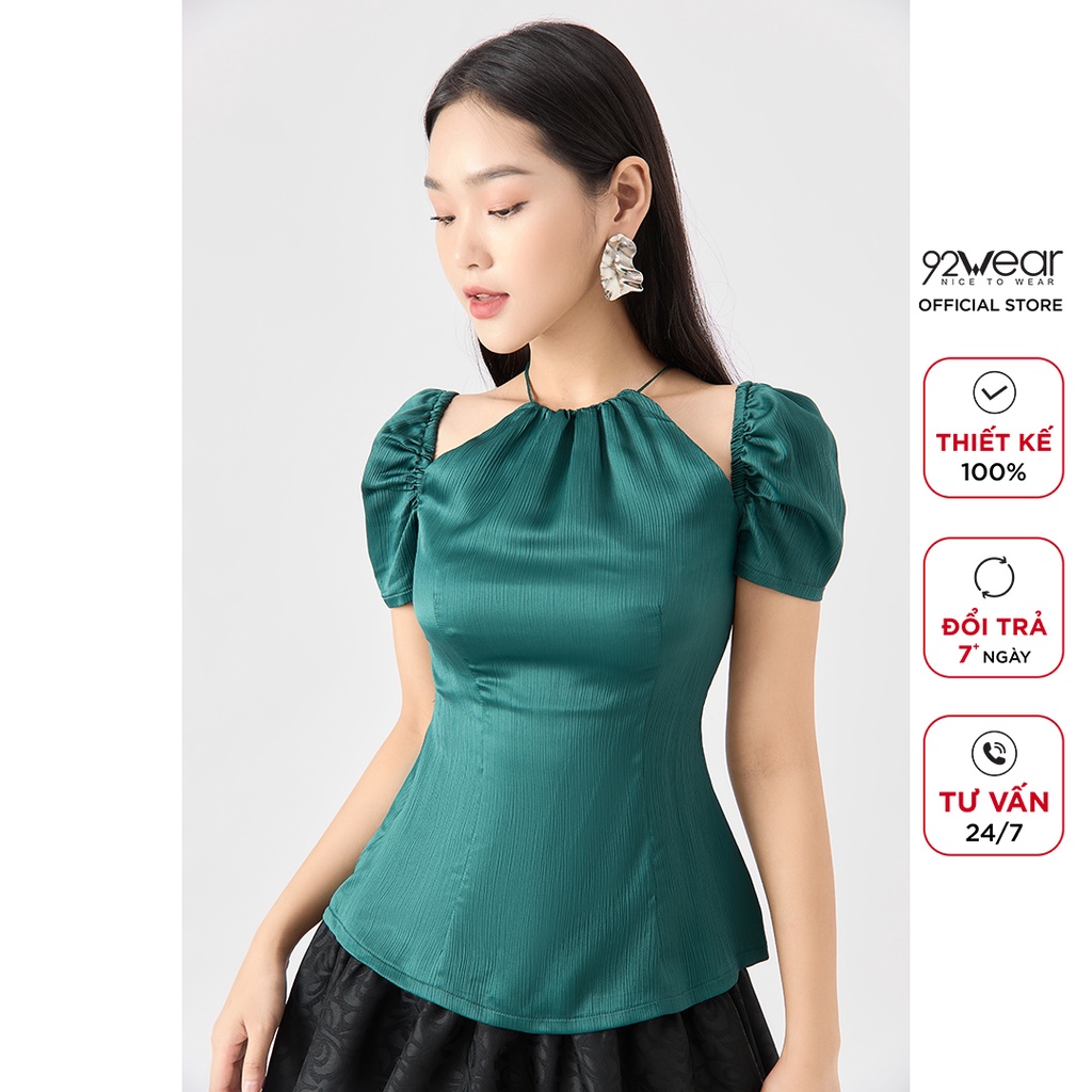 Áo sơ mi nữ ngắn tay cổ yếm 92WEAR, thiết kế tiểu thư nhẹ nhàng, chất liệu lụa gân cao cấp ASA2030