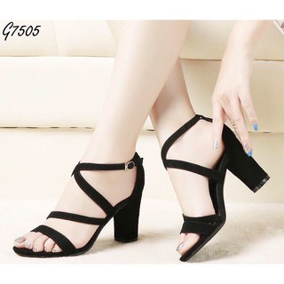 Giày Dép Nữ -  Giày cao gót / Sandal Cao Gót Nỉ Đan Dây Da Nữ Cao Cấp Đế Vuông Đen Cao 7p  - CTG7505