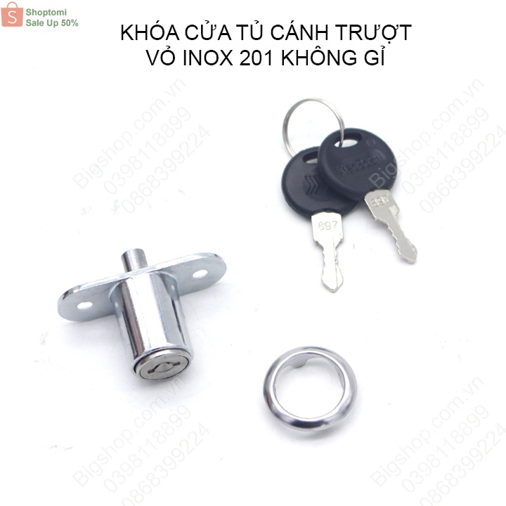 Khóa cửa tủ loại cánh trượt vỏ inox 201 không gỉ, cánh tủ dày tối đa 24mm