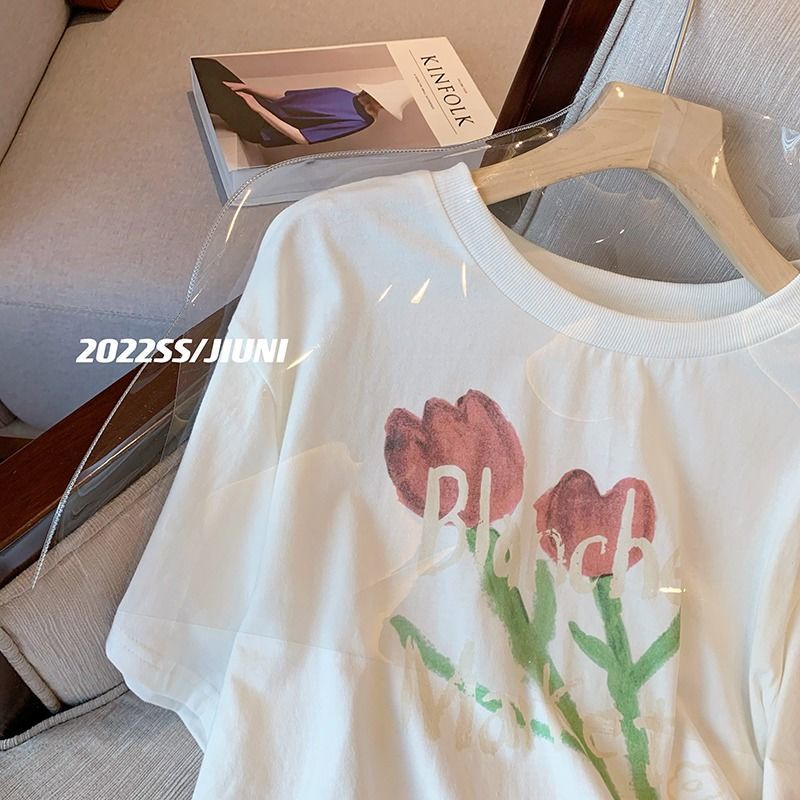 Áo Thun Ngắn Tay Cổ Tròn Form Rộng In Họa Tiết Hoa Phong Cách Retro Mùa Hè Mới Cho Nữ