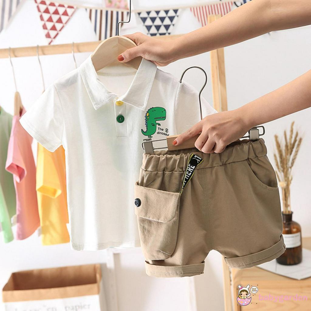 Áo Thun Polo Tay Ngắn In Hoạt Hình + Quần Short Cho Bé Trai