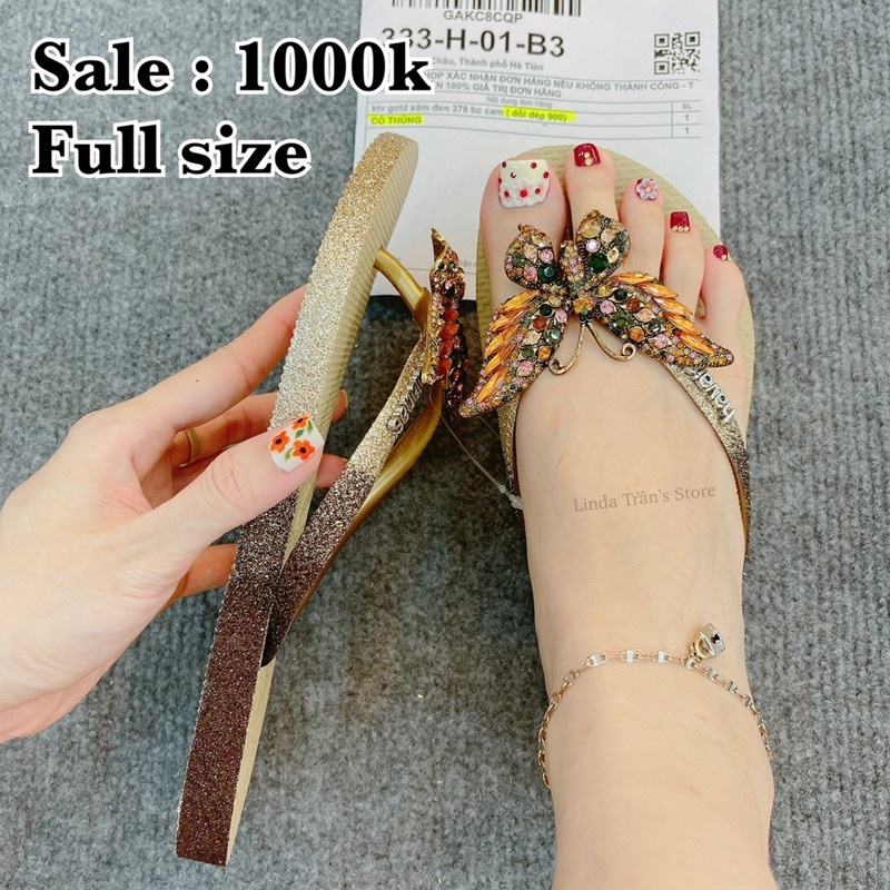 dép HVN kim tuyến viền gold xám đen mix charm b.chúa cam