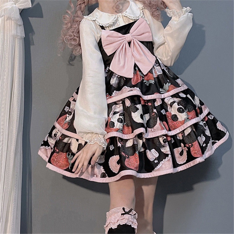 Đầm lolita Hai Dây Đính Nơ Họa Tiết Quả Dâu Thắt Nơ Dễ Thương