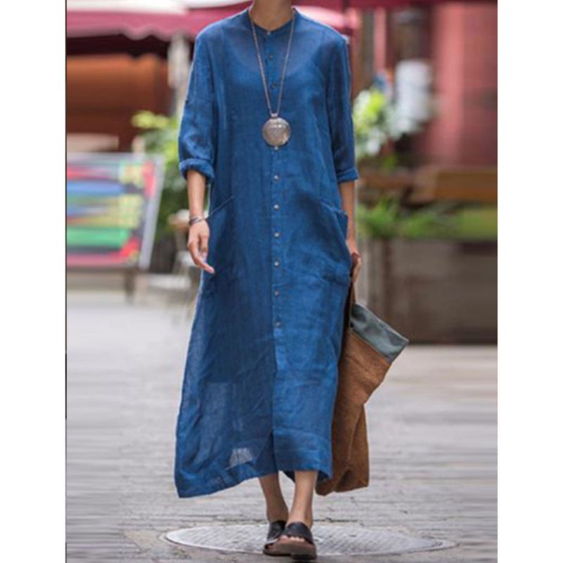 Áo Kiểu Vải Lanh Tay Lỡ 3 / 4 Phối Nút Cài Phong Cách Dân Tộc Plus Size Cho Nữ