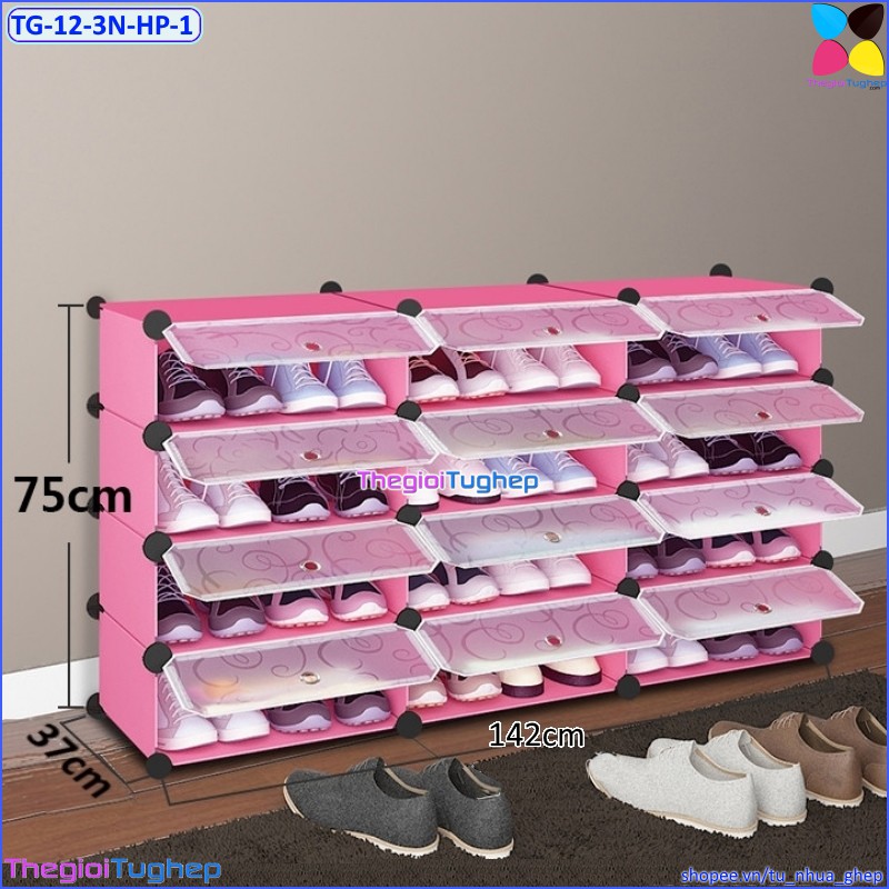 Tủ giầy nhựa lắp ghép 12 ô, 3 cột 4 tầng, có cửa, để được 24 đôi giày (màu: Đen vân, Vàng trơn, Xanh dương, Hồng phấn)