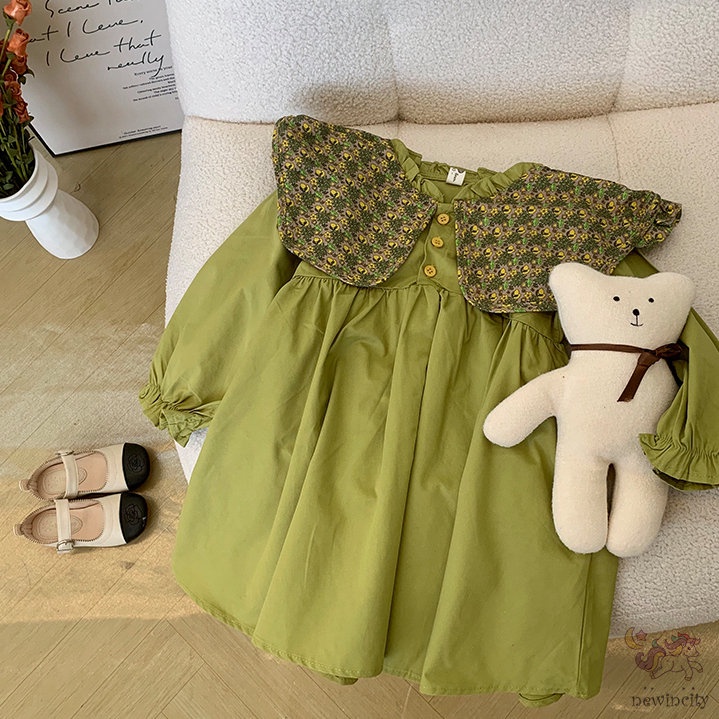 Đầm Công Chúa Tay Dài Cổ Bèo In Họa Tiết Hoa Phong Cách Hàn Quốc Cho Bé Gái