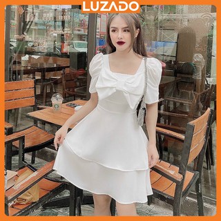 Đầm xèo, đầm nữ dáng xèo, 2 tầng phối nơ ngực, có lot ngực, chất xốp, hai màu chọn lọc trắng và be. Cos V1011