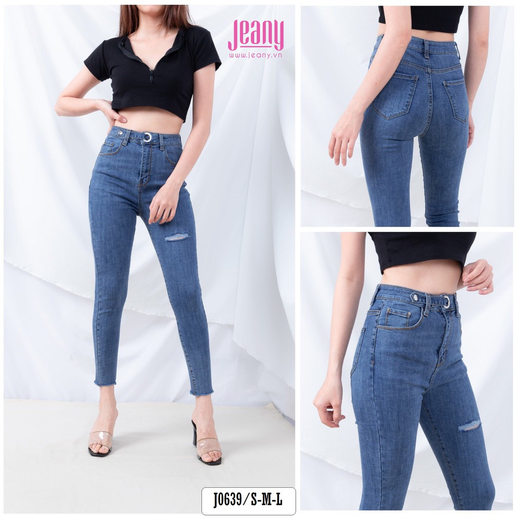 Quần Jean Nữ Màu Nhạt Lưng Siêu Cao Rách Đùi Nút Gài Có Móc Khóa J0639 - Jeany