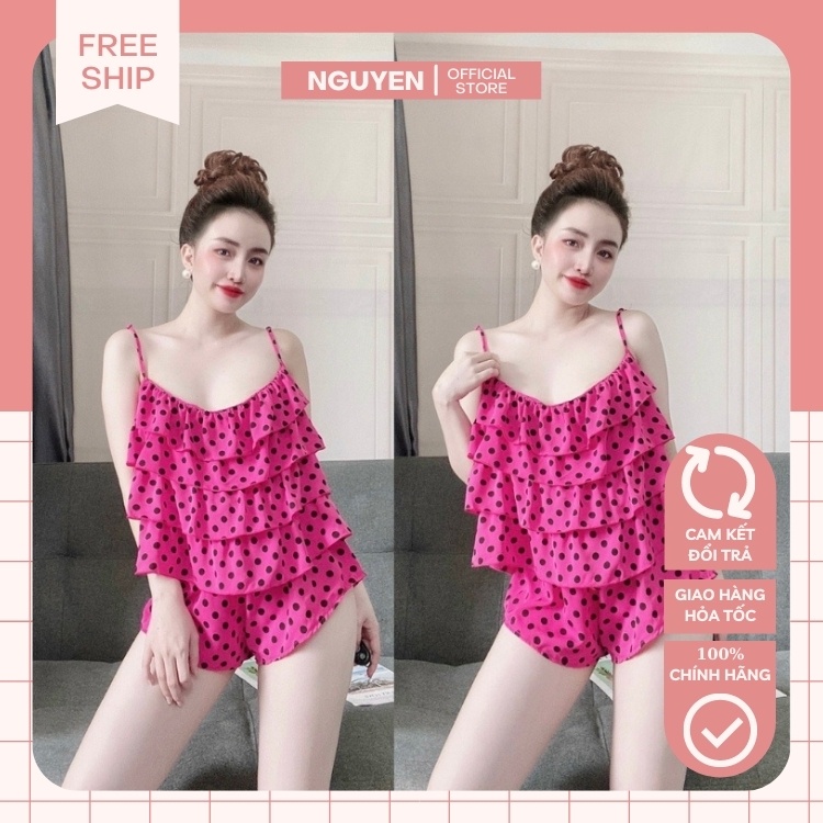 Đồ Ngủ Lụa Satin NGUYEN, Đồ Bộ Nữ Đồ Mặc Nhà 2 Dây Tầng Quần Cọc Chất Lụa Họa Tiết Chấm Bi Dễ Thương Xinh Xắn.