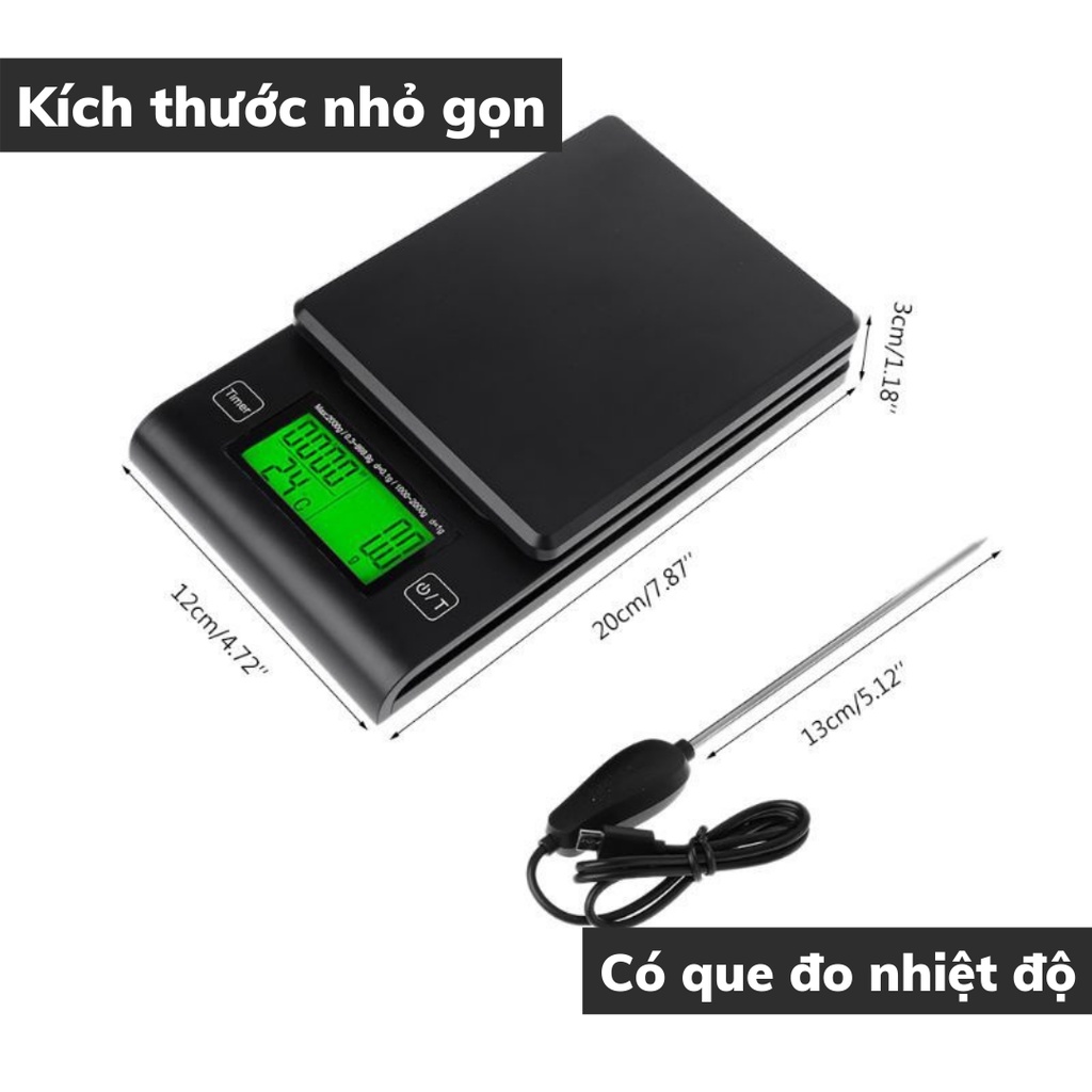 Cân tiểu ly điện tử pha chế cà phê nguyên chất độ chính xác cao có que đo nhiệt độ định lượng 1g-2kg cân điện tử