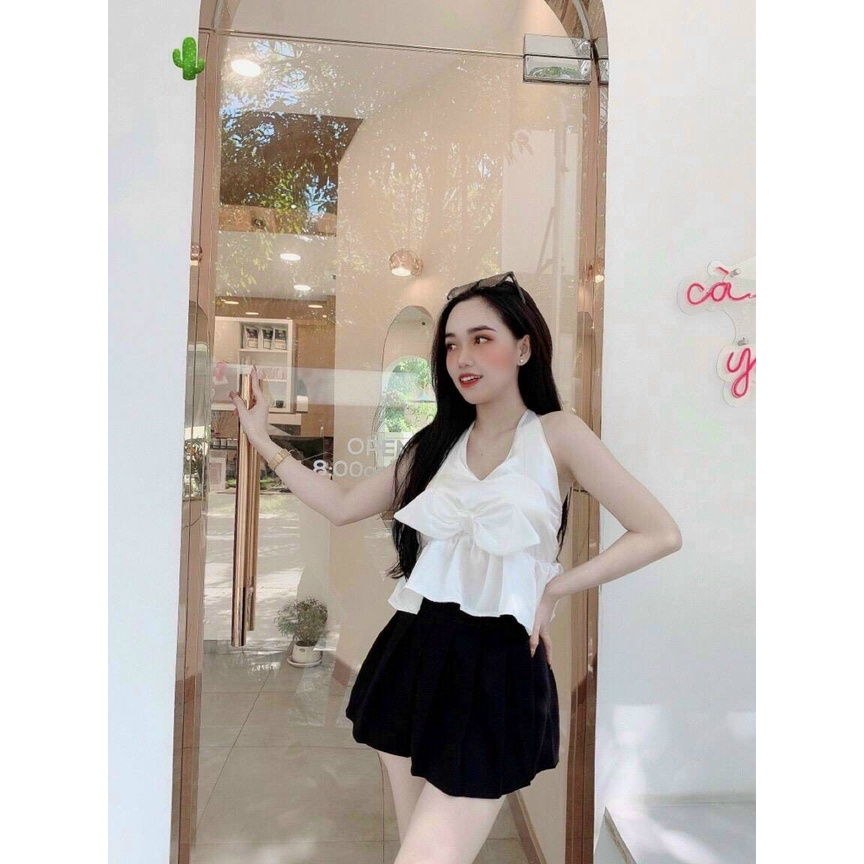 Áo kiểu yếm bèo xòe phối nơ to trước ngực cực xinh , chất phi bóng mềm mịn