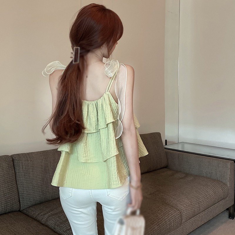 Áo Hai Dây Không Tay Thắt Nơ Màu Trơn Ngọt Ngào Phong Cách Hàn Quốc Thời Trang Cho Nữ